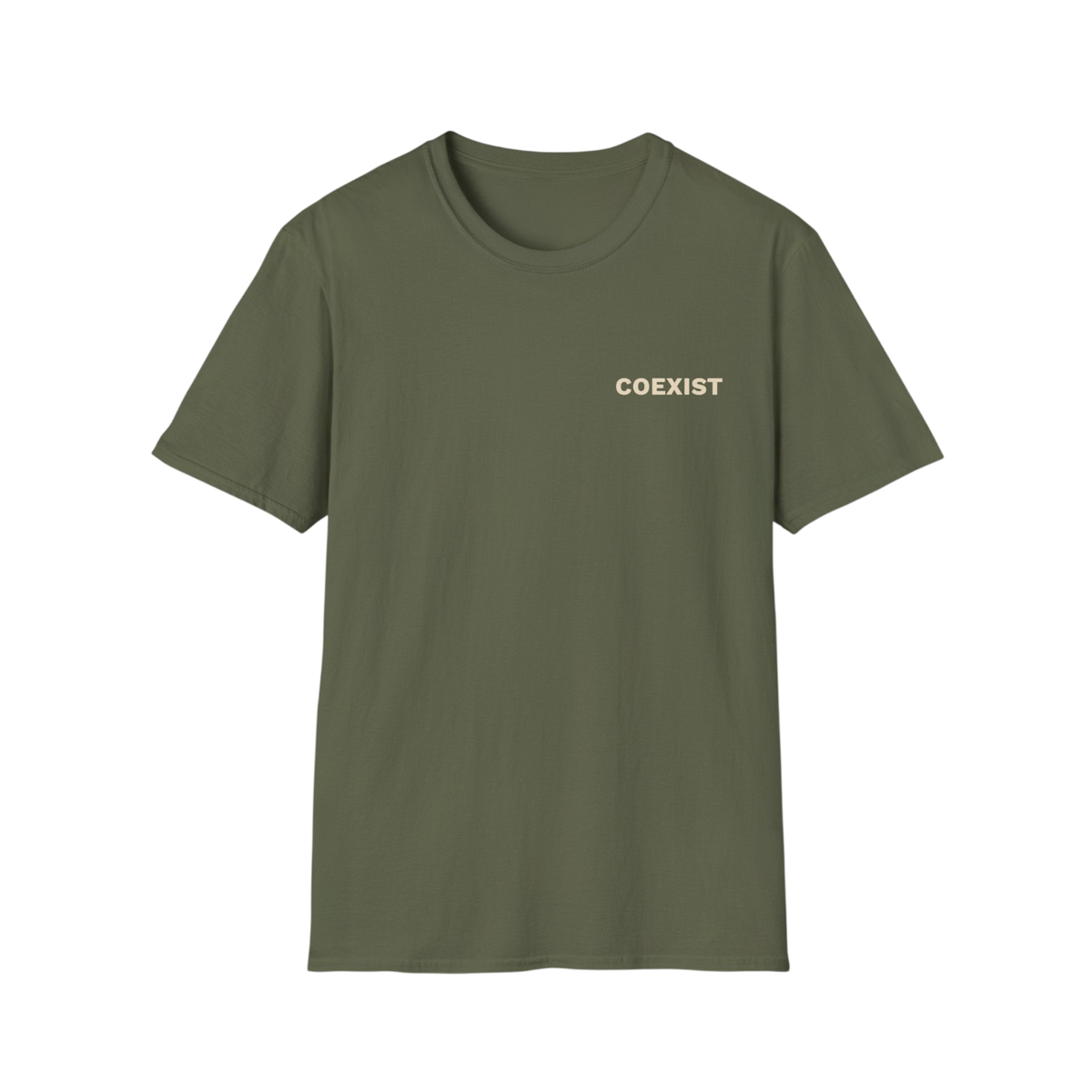 An olive green short-sleeve crewneck t-shirt with the word 'COEXIST' printed in a light beige font on the left chest, displayed against a solid white background.