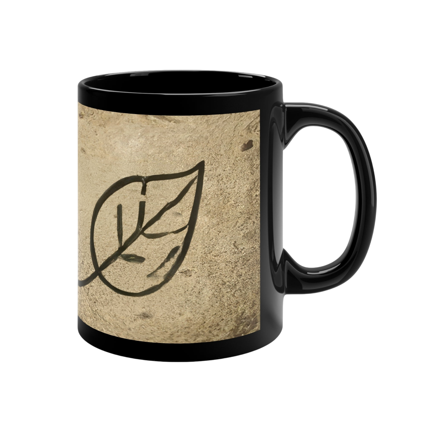 A black ceramic mug with a textured beige wrap-around print featuring a black line art leaf design, shown on a plain white background.