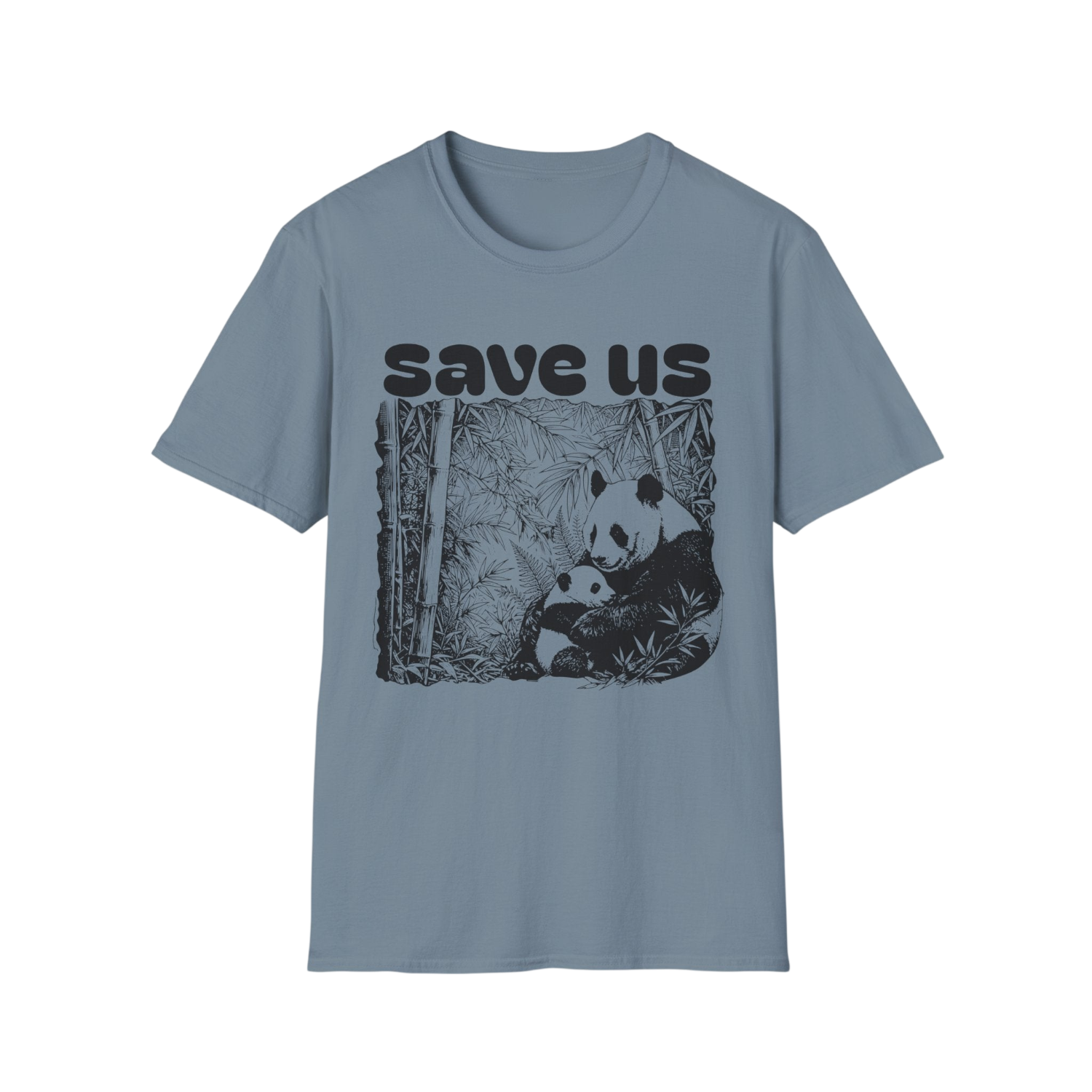 A light blue crewneck t-shirt featuring a black graphic print of a panda in a bamboo forest with the text 'save us' above it, displayed on a solid white background.