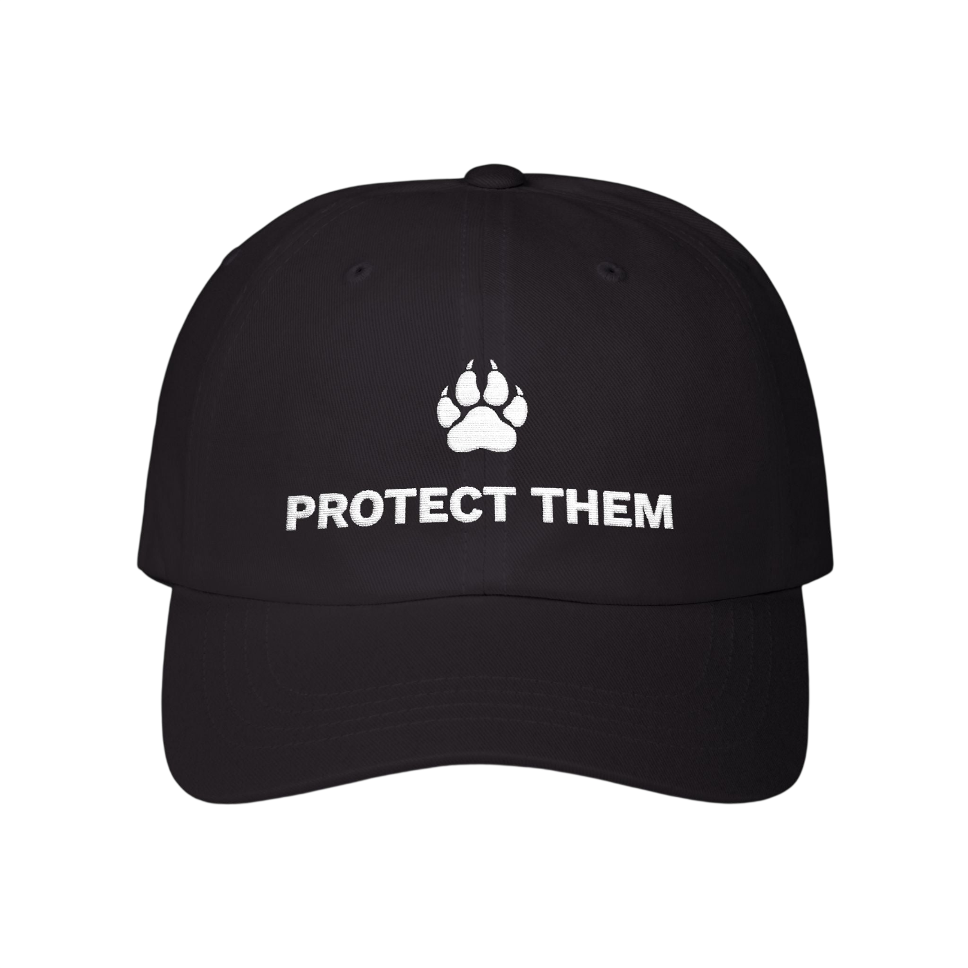 A black baseball cap with a white paw print graphic and the text 'PROTECT THEM' printed on the front, set against a plain white background.