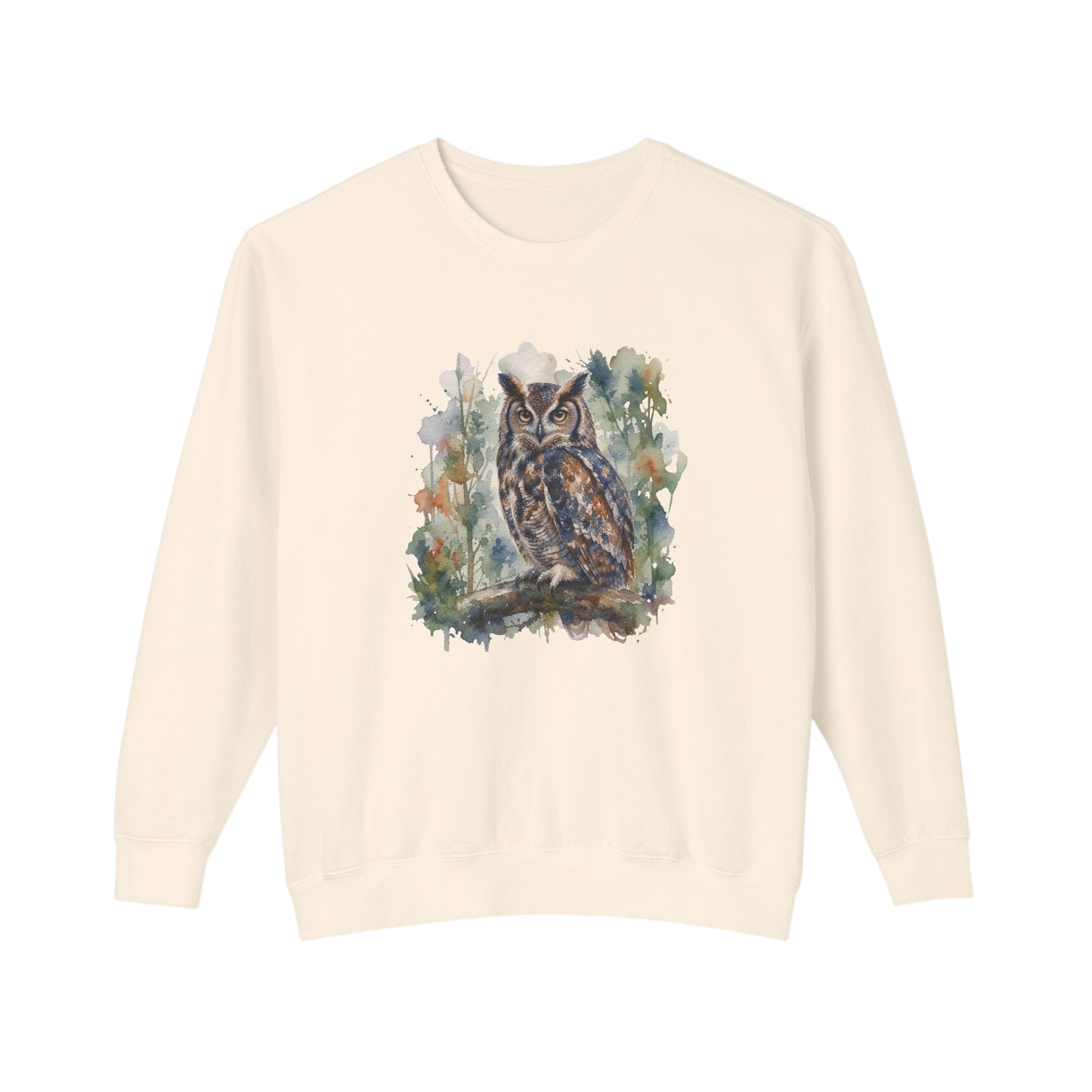 Watercolor Owl Crewneck Sweatshirt — Vintage Forest Bird Graphic