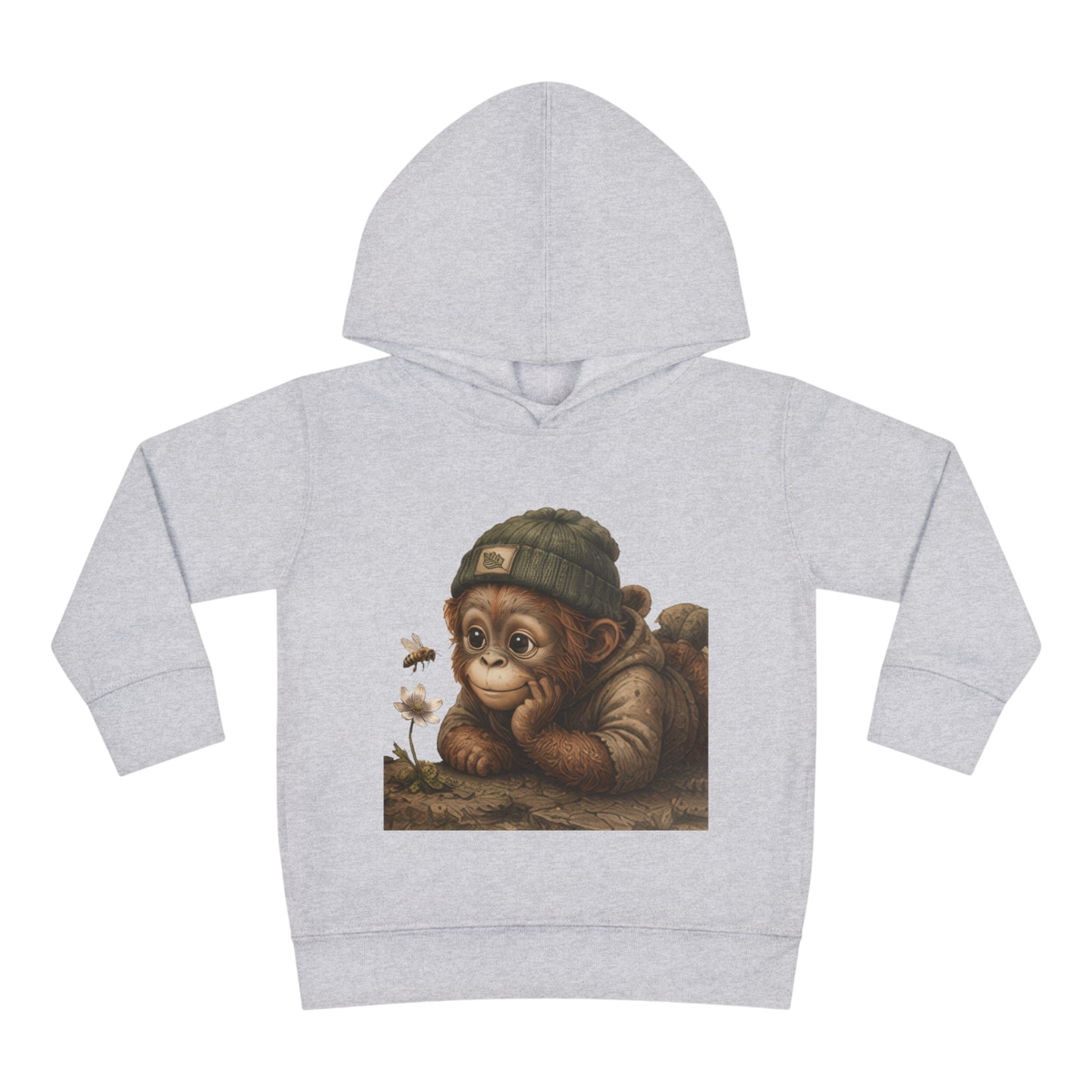 A light heather gray pullover hoodie featuring a printed graphic of a cute, sleepy baby monkey wearing a green beanie and resting on a log, shown against a plain white background.
