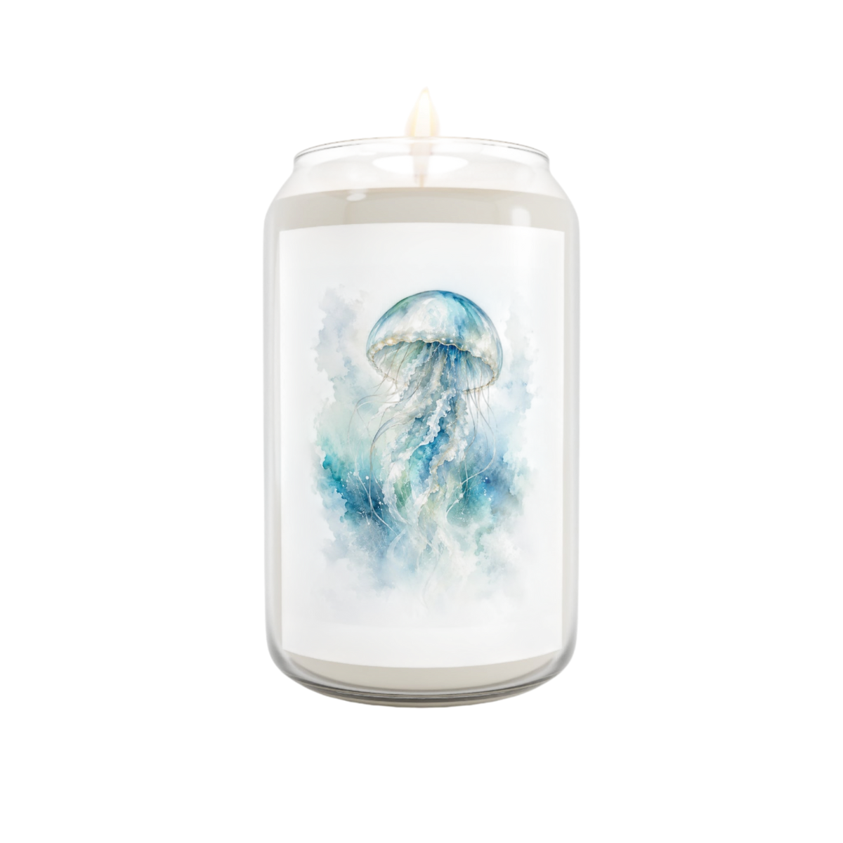 A white jar candle with a lit wick, featuring a watercolor-style illustration of a blue and teal jellyfish on the front label, set against a plain white background.