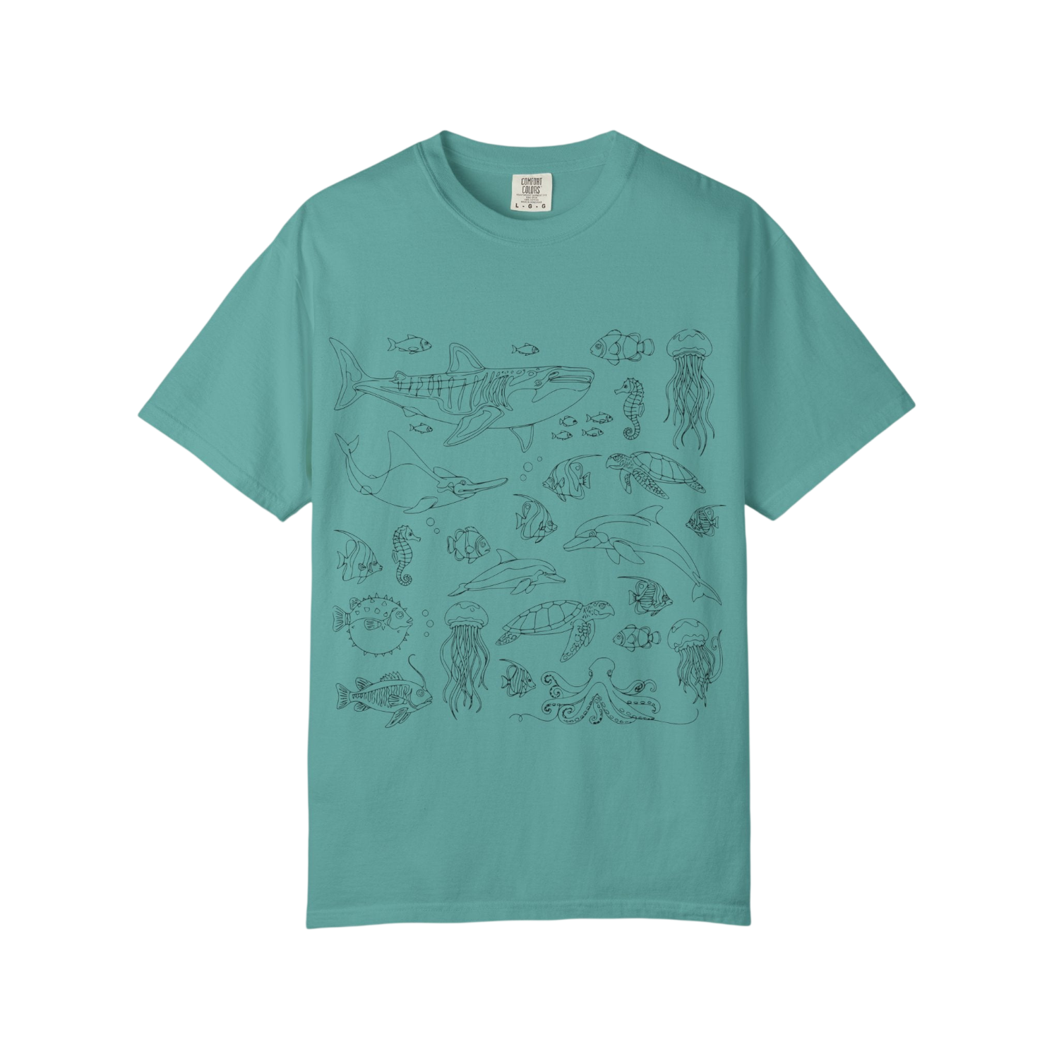 A teal short-sleeve crewneck t-shirt featuring a dark gray line art graphic of various ocean creatures, including a shark, dolphins, jellyfish, and sea urchins, displayed on a solid white background.