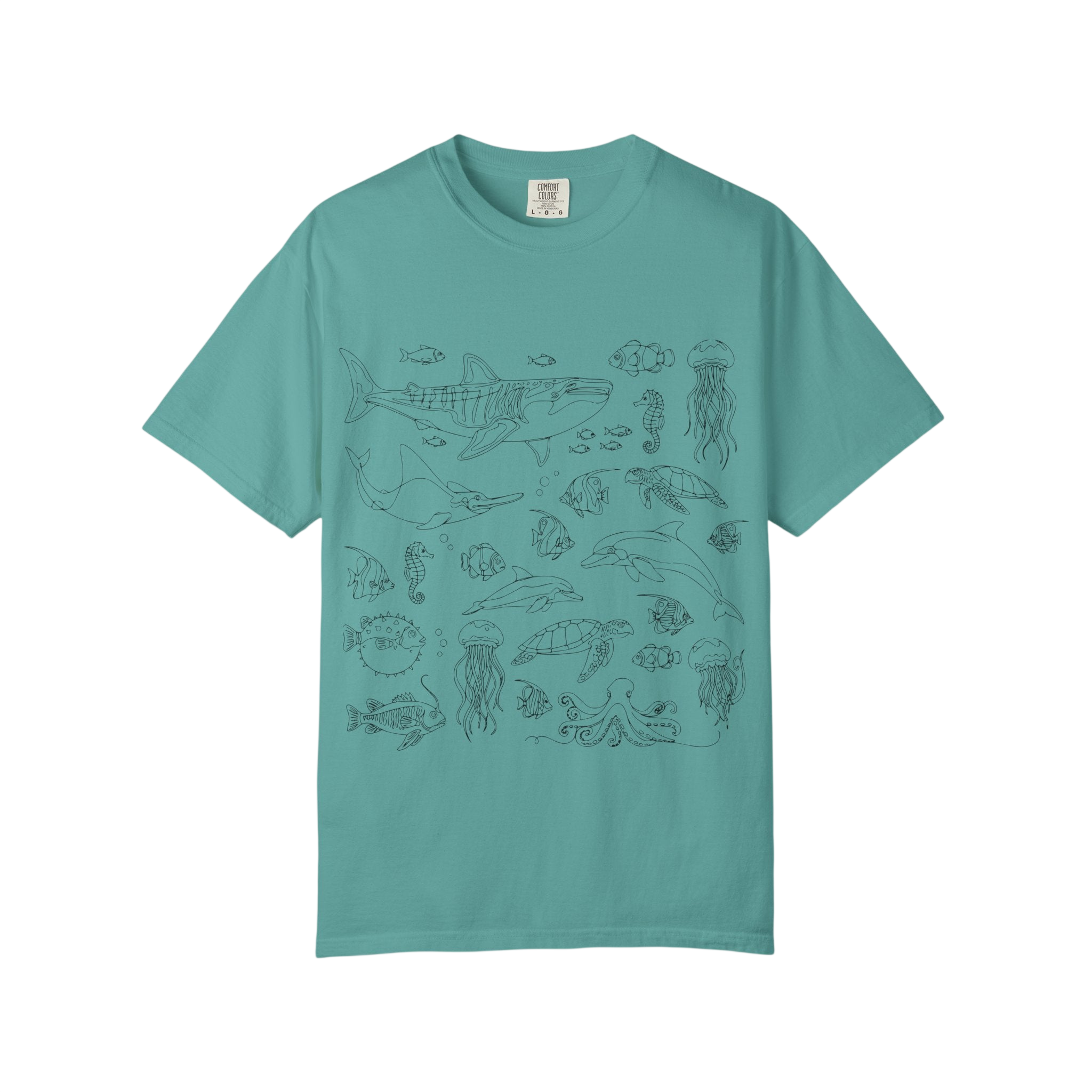 Ocean Life Illustration T-Shirt — Marine Creatures Line Art Tee