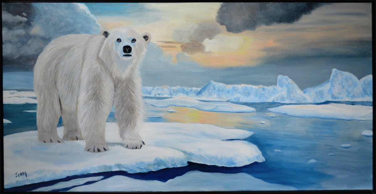 Painting of a polar bear on an ice floe with a sunset over water