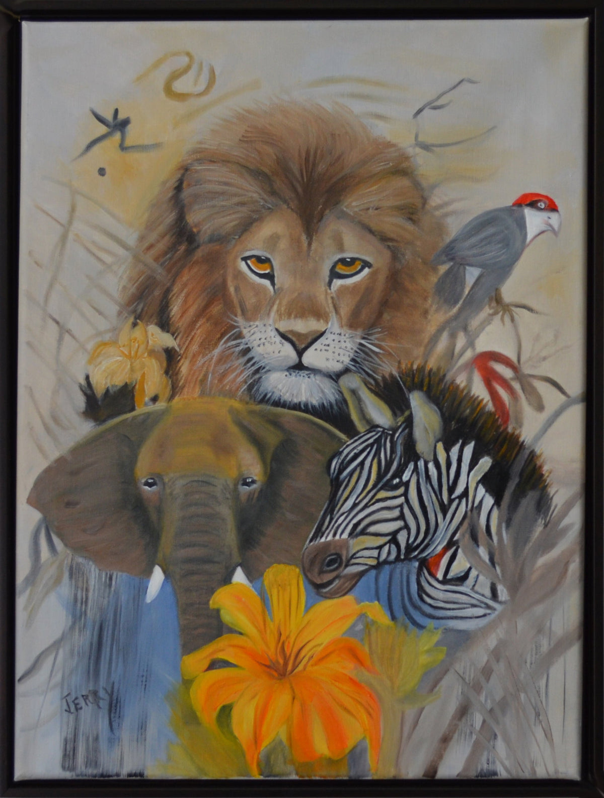 Painting of a lion, elephant, zebra, and bird with flowers and leaves.