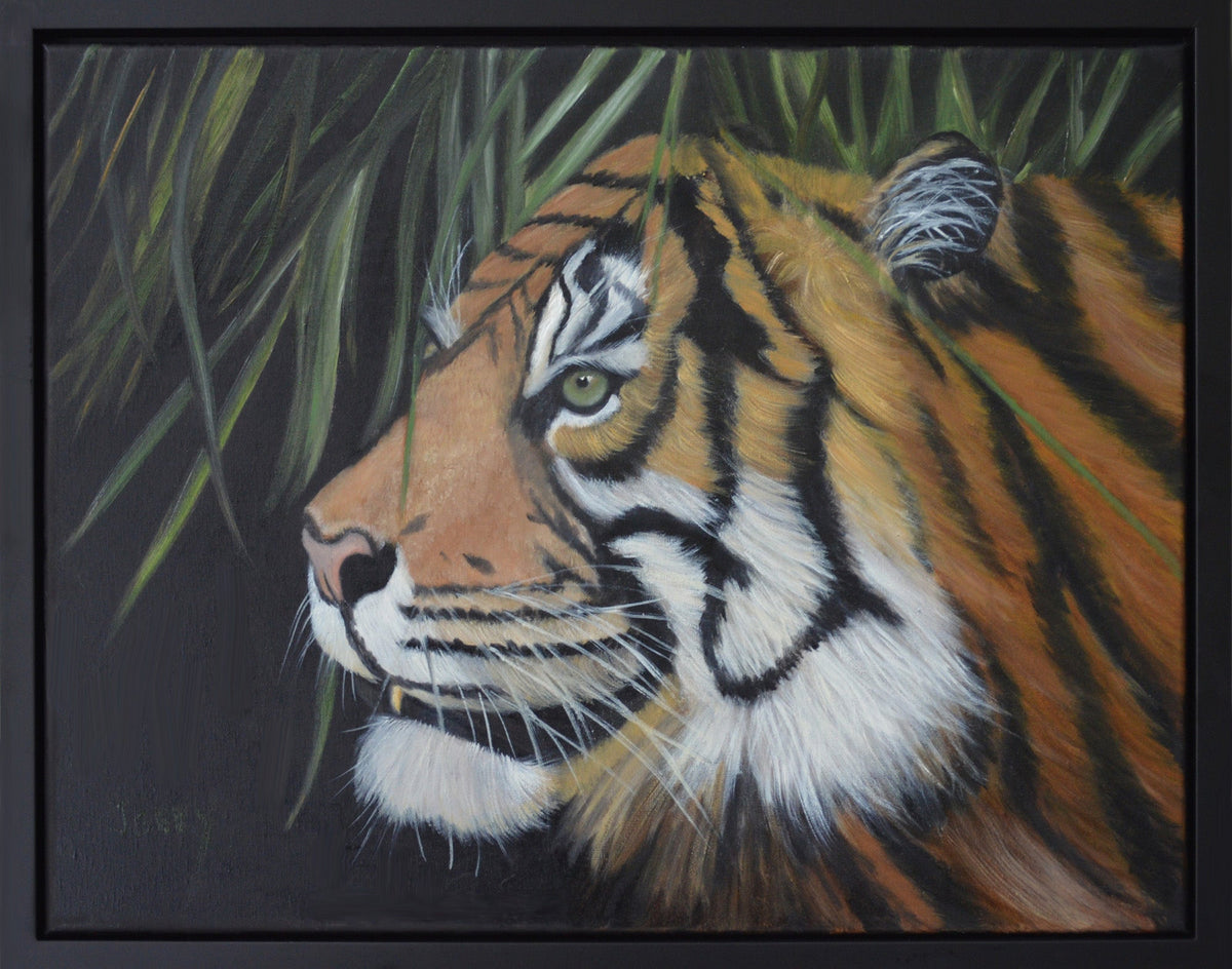 Painting of a tiger peeking from behind leaves