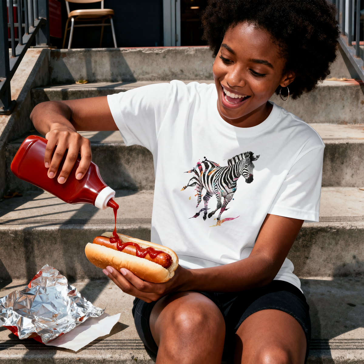 Zebra Watercolor T‑Shirt — Color Splash Running Zebra Graphic Tee in White